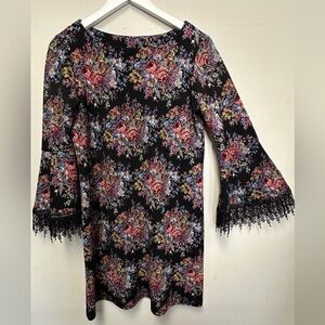 Uncle Frank Anthropologie Tunic Black Floral Dress Lace Flare Sleeve Mini Midi S